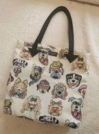 Dog print tote shopping bag with genuine leather handles