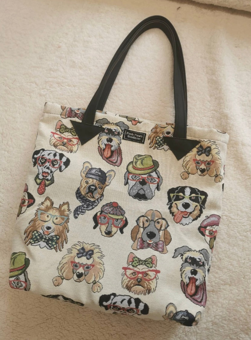 Dog print tote shopping bag with genuine leather handles