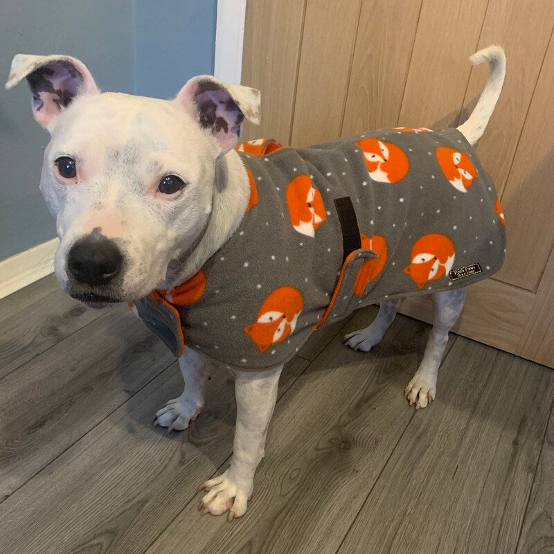 Grey Fox made to measure fleece dog coat with harness hole