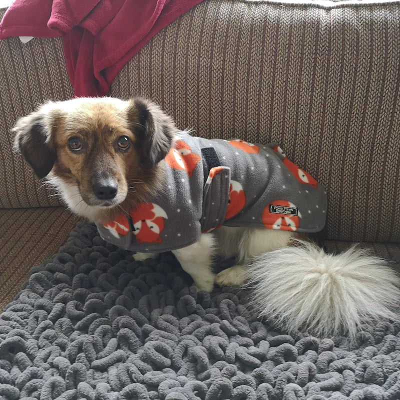 Grey Fox made to measure fleece dog coat with harness hole