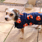 Navy Fox print  made to measure fleece dog coat with harness hole
