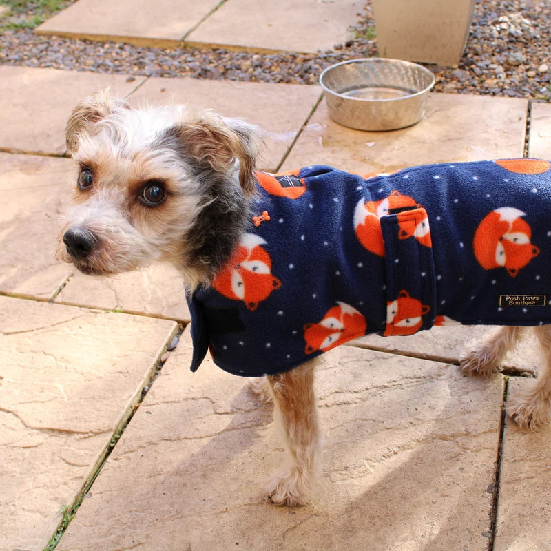 Navy Fox print  made to measure fleece dog coat with harness hole