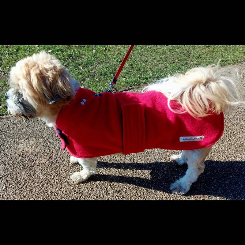 Red & Navy made to measure fleece dog coat with harness hole