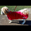 Red & Navy made to measure fleece dog coat with harness hole