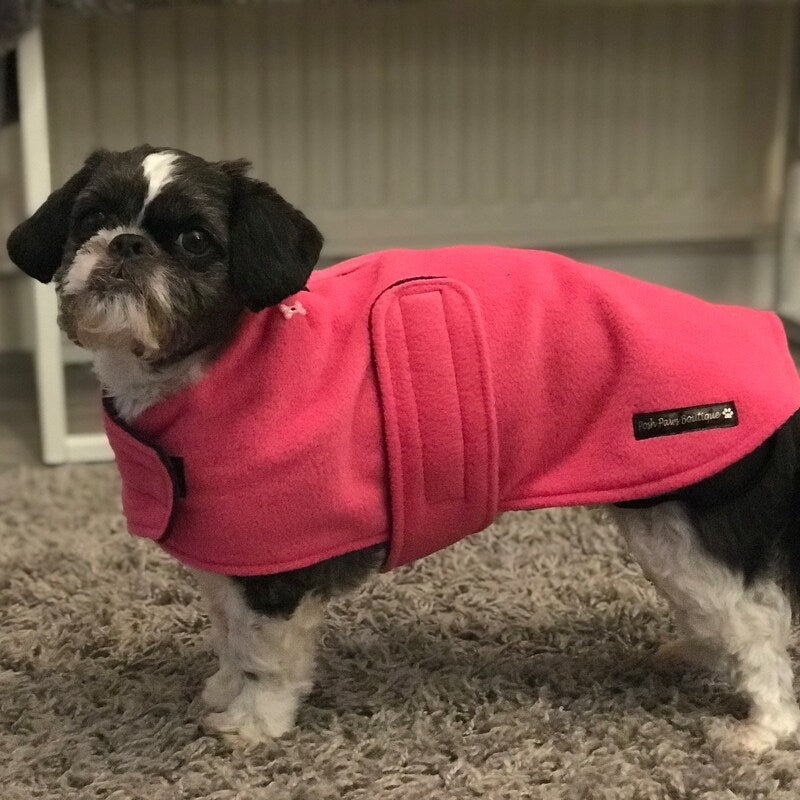 Hot Pink & Navy made to measure fleece dog coat with harness hole