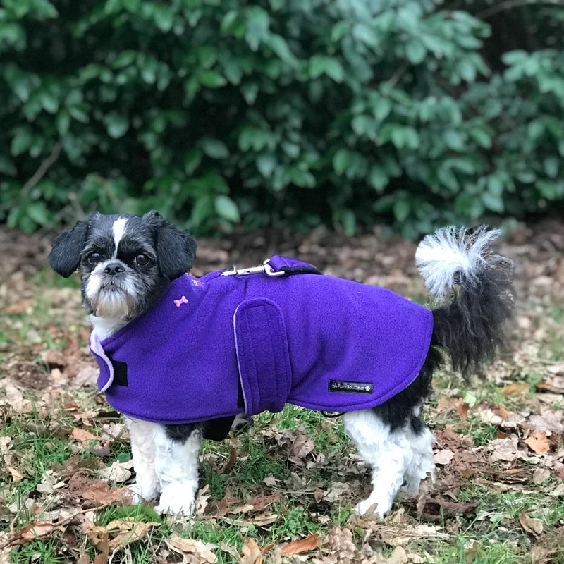 Purple & Lilac made to measure fleece dog coat with harness hole