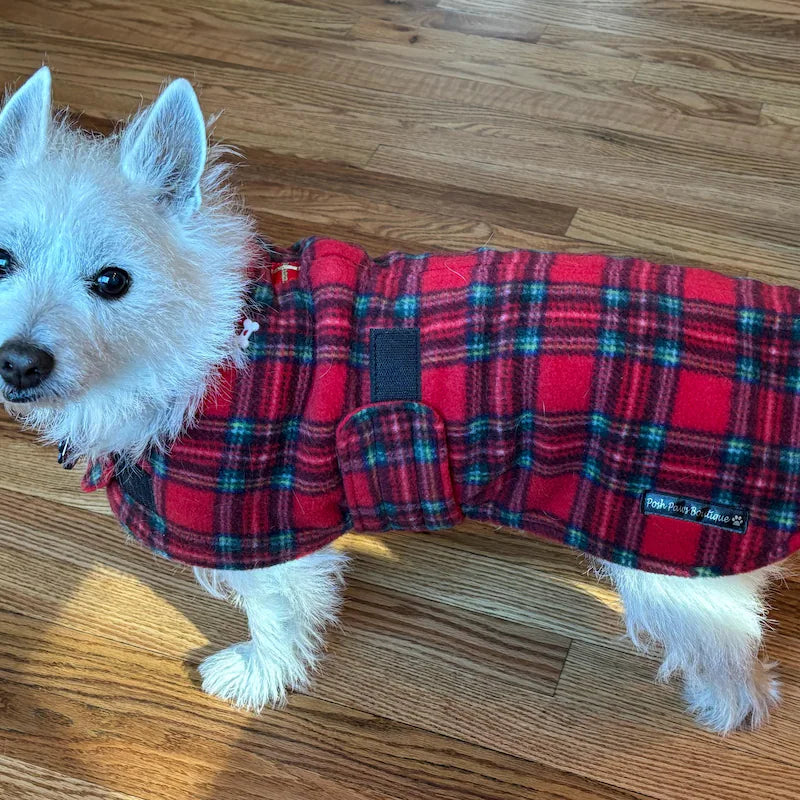 Red Tartan made to measure fleece dog coat with harness hole