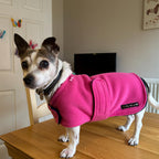 Hot Pink & Navy made to measure fleece dog coat with harness hole