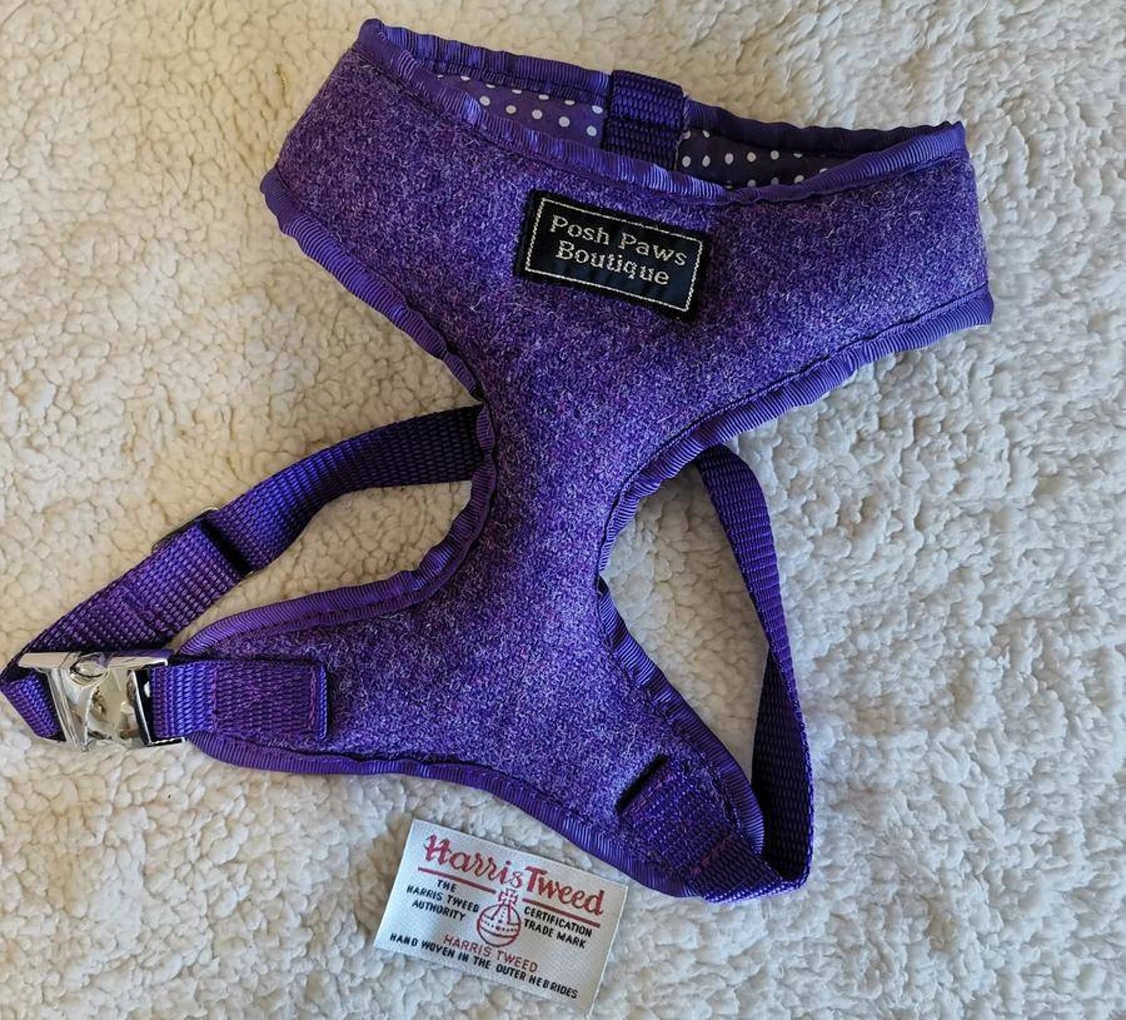 Plain Purple Harris Tweed Dog Harness