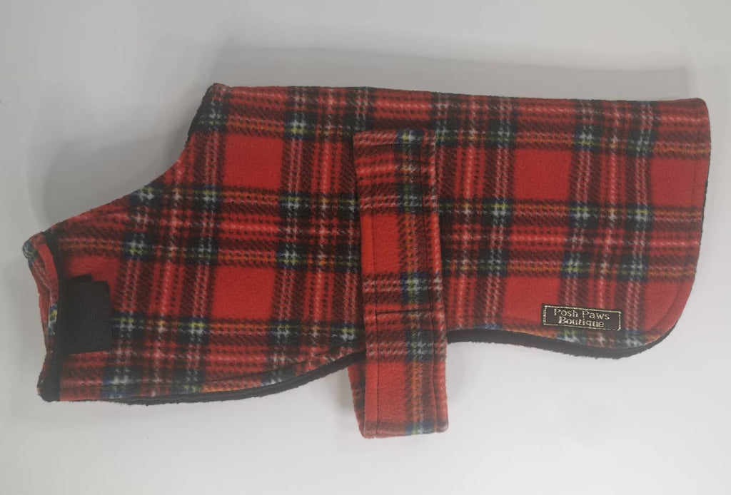 Red Tartan made to measure fleece dog coat with harness hole