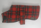 Red Tartan made to measure fleece dog coat with harness hole