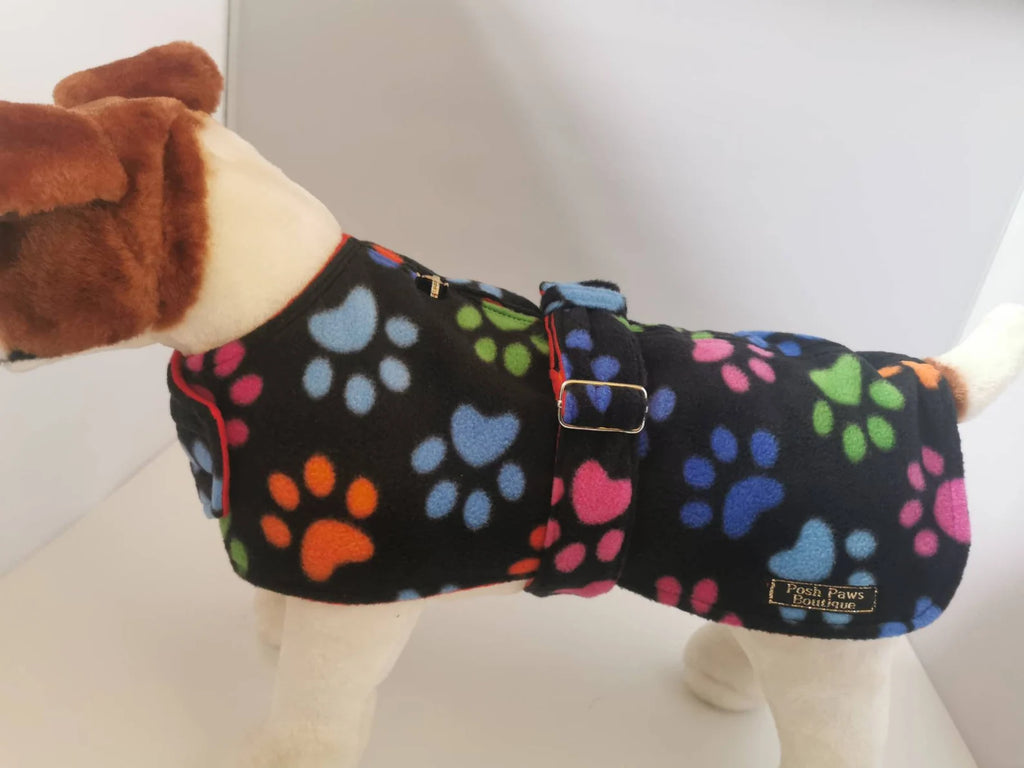 Paw Print made to measure fleece dog coat with harness hole