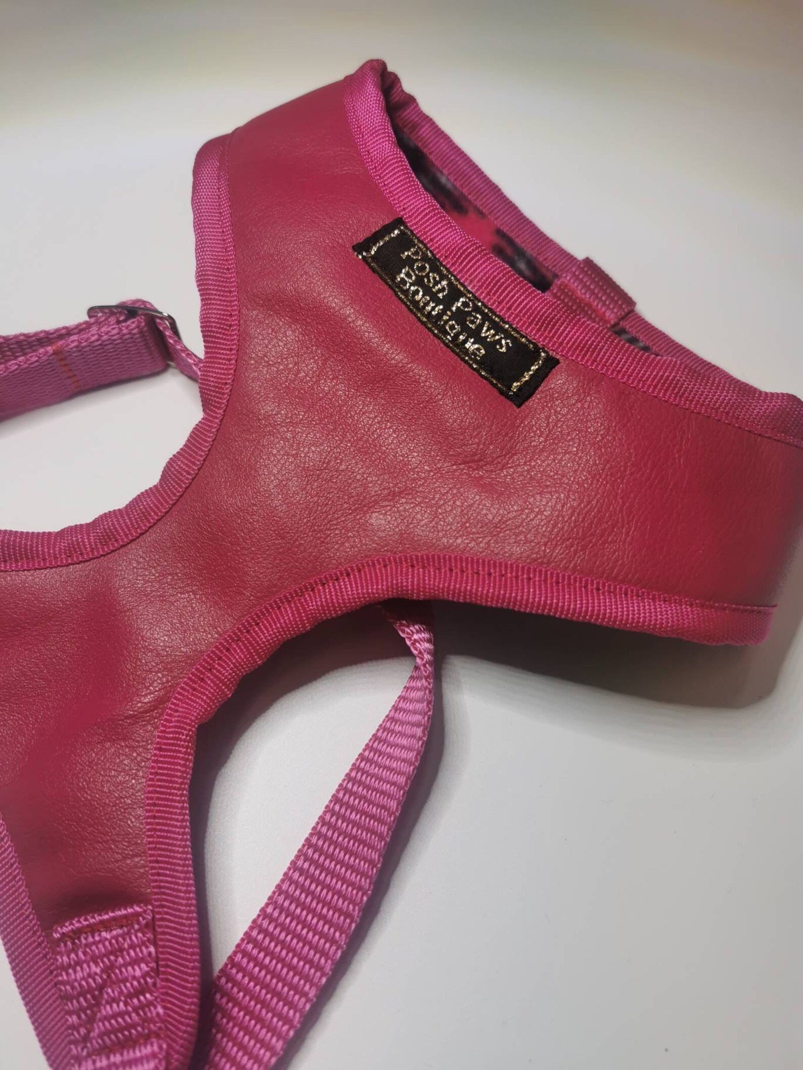 Genuine pink leather bespoke Dog harness with metal side release clips