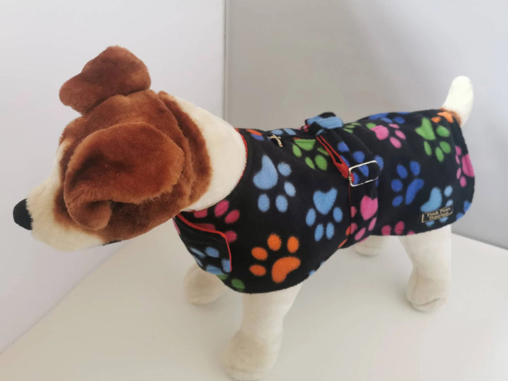 Paw Print made to measure fleece dog coat with harness hole
