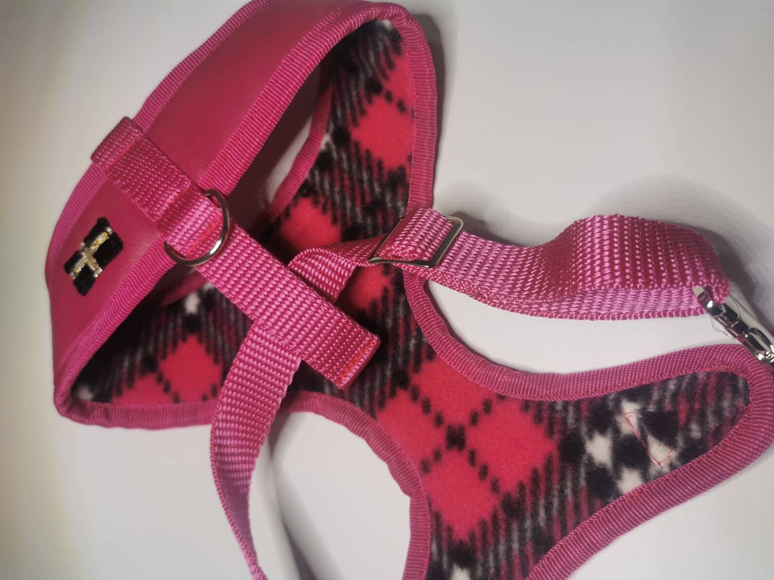 Genuine pink leather bespoke Dog harness with metal side release clips