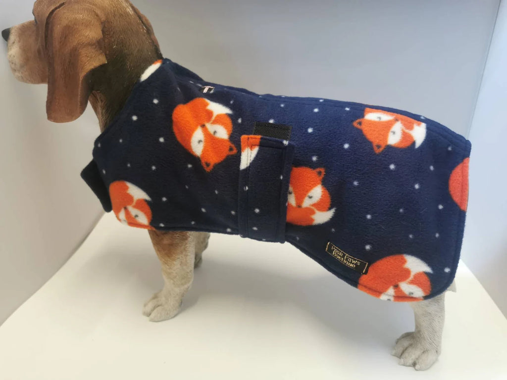 Navy Fox print  made to measure fleece dog coat with harness hole