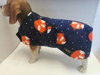 Navy Fox print  made to measure fleece dog coat with harness hole