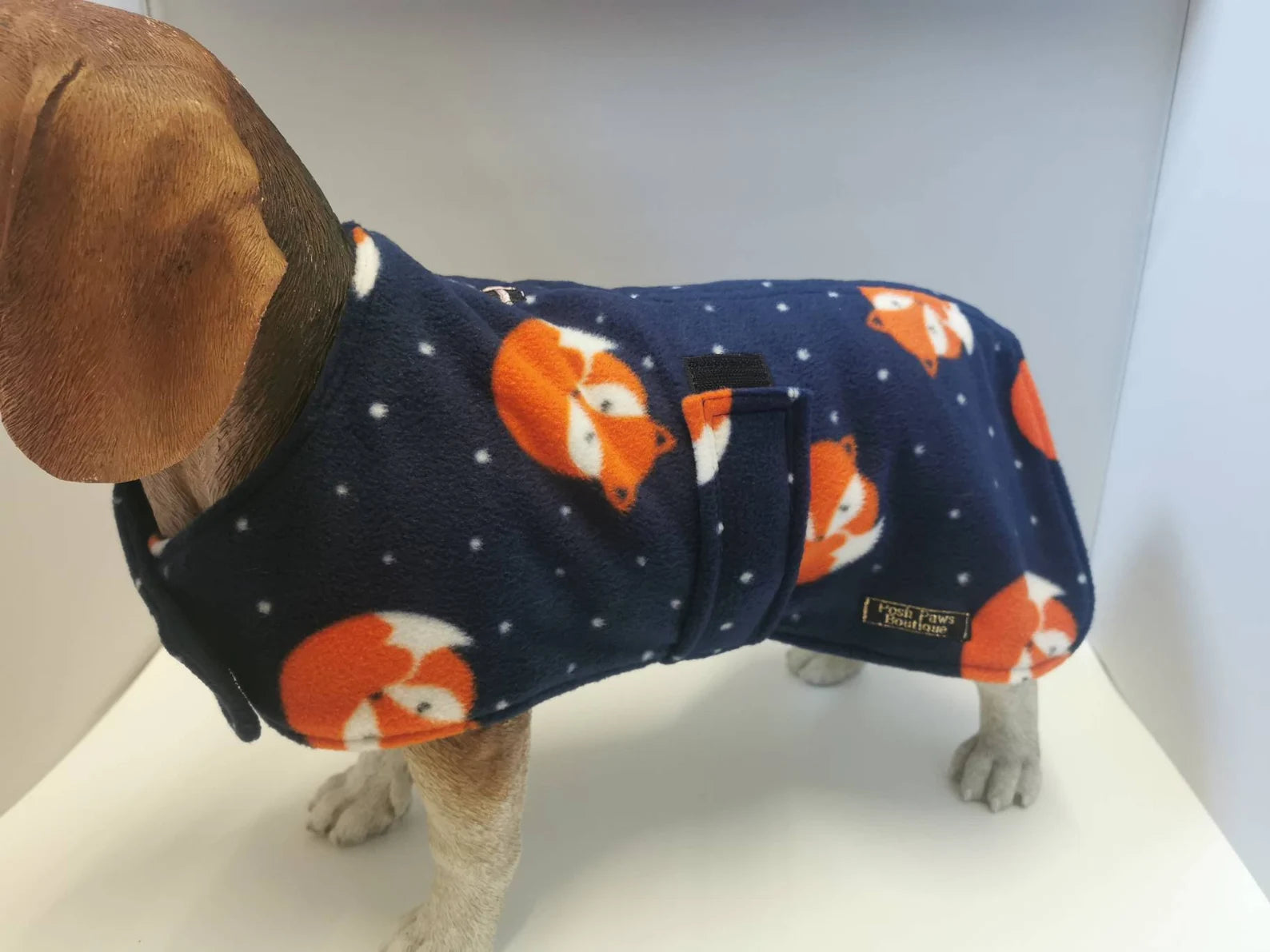 Navy Fox print  made to measure fleece dog coat with harness hole