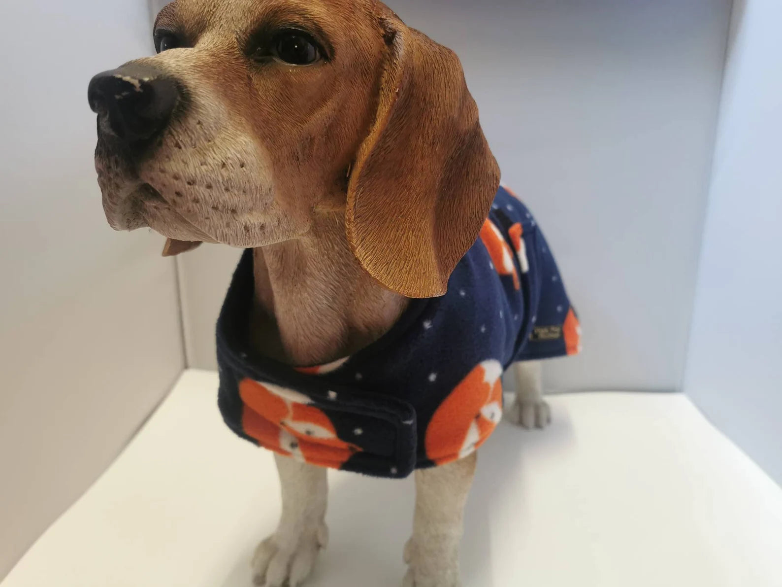Navy Fox print  made to measure fleece dog coat with harness hole