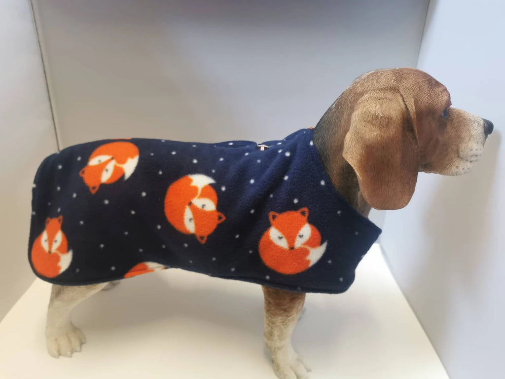 Navy Fox print  made to measure fleece dog coat with harness hole