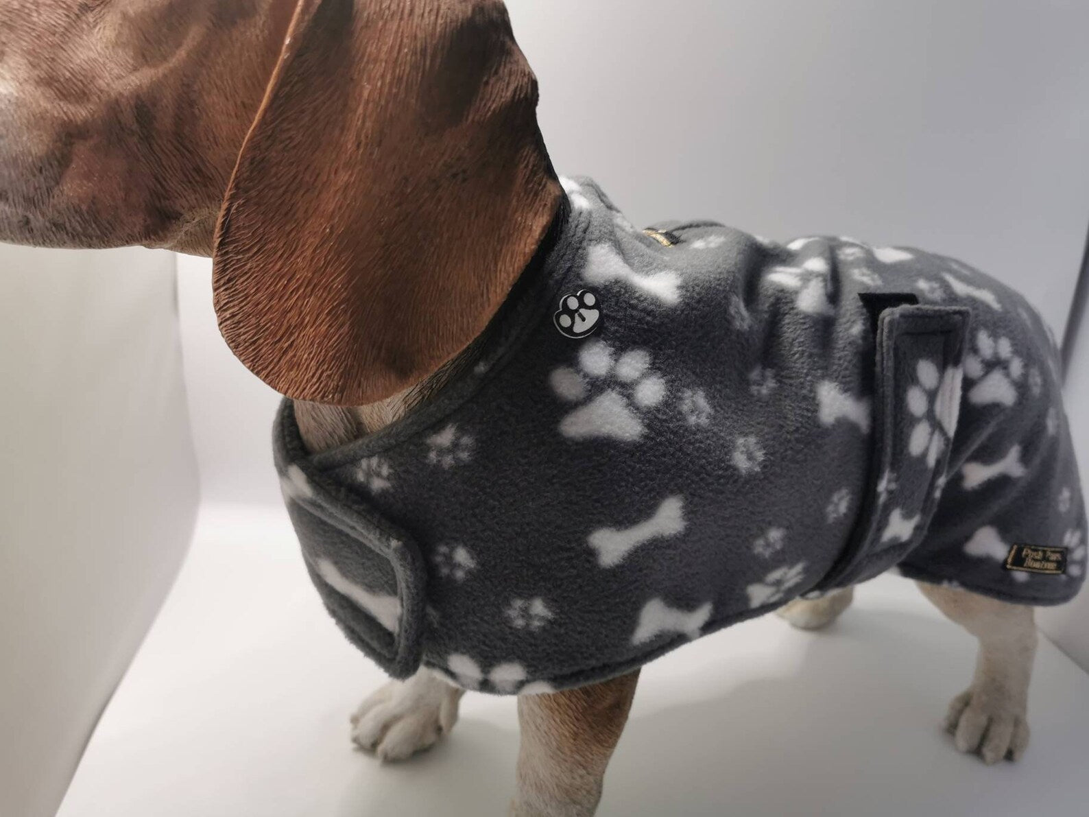 Grey Paws & Bones made to measure fleece dog coat with harness hole