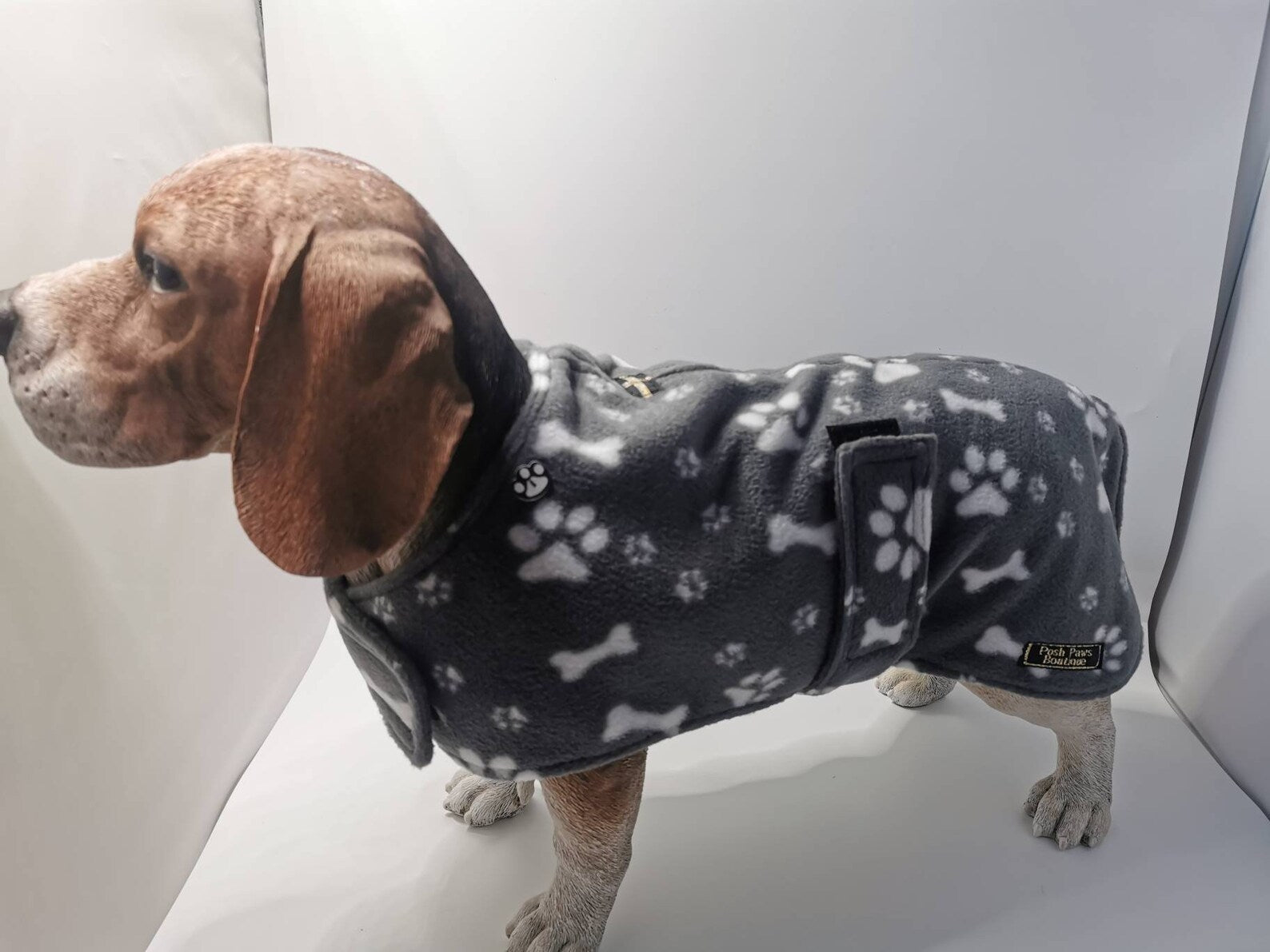 Grey Paws & Bones made to measure fleece dog coat with harness hole