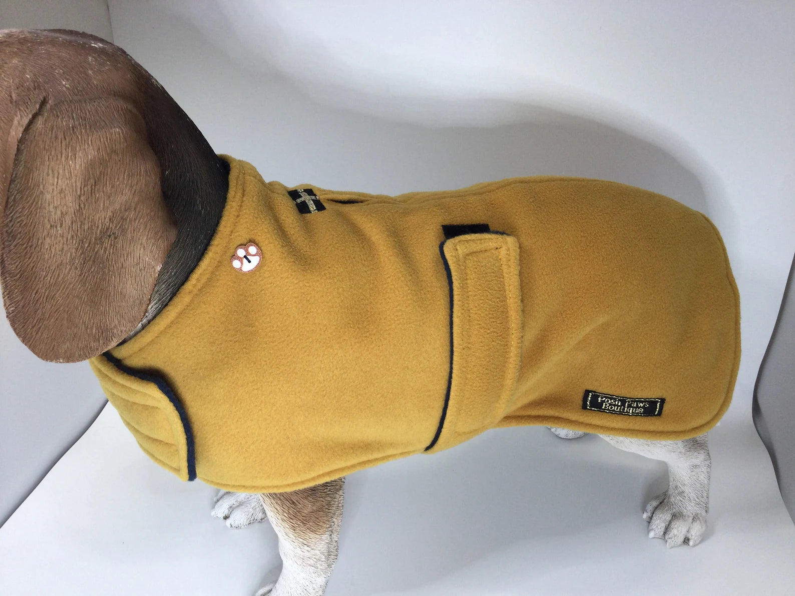 Mustard and navy made to measure fleece dog coat with harness hole