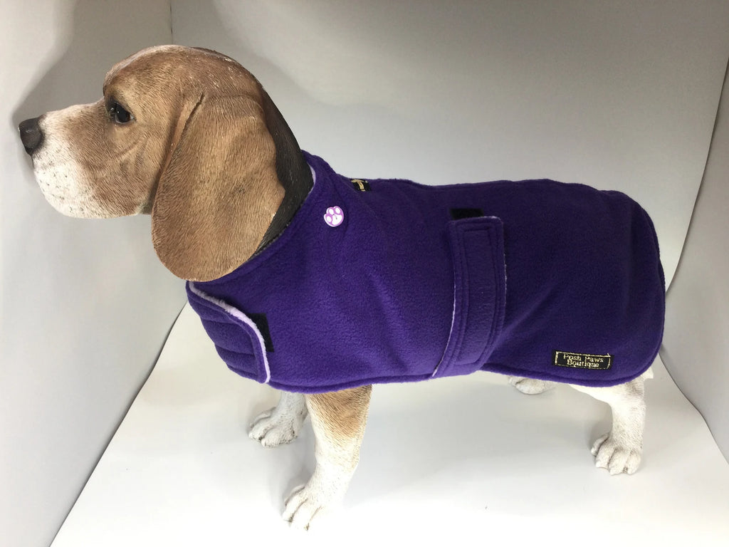 Purple & Lilac made to measure fleece dog coat with harness hole