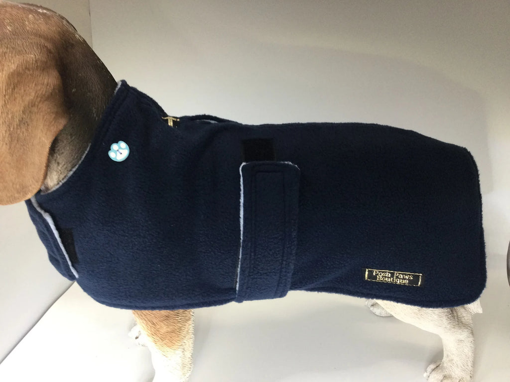 Navy & Baby Blue made to measure fleece dog coat with harness hole