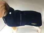 Navy & Baby Blue made to measure fleece dog coat with harness hole