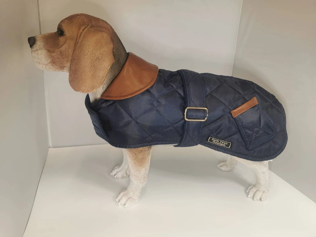 Navy blue quilted dog coat with genuine leather trims