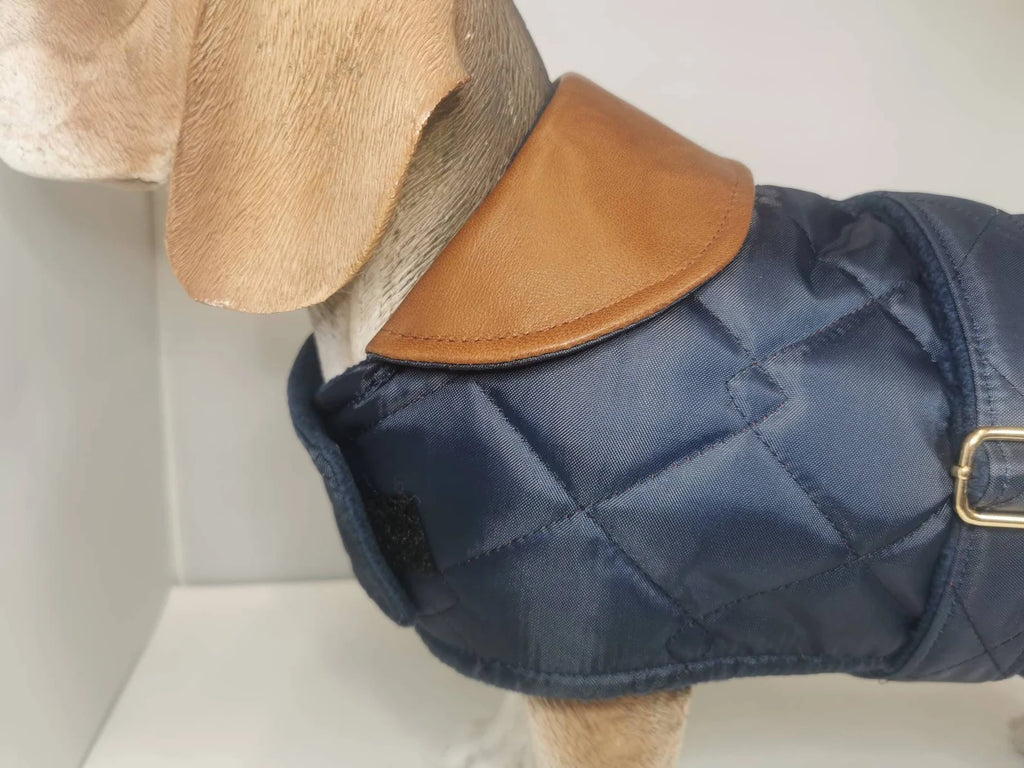 Navy blue quilted dog coat with genuine leather trims