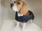 Navy blue quilted dog coat with genuine leather trims