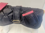 Navy blue quilted dog coat with genuine pink leather trims