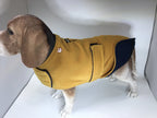 Mustard and navy made to measure fleece dog coat with harness hole