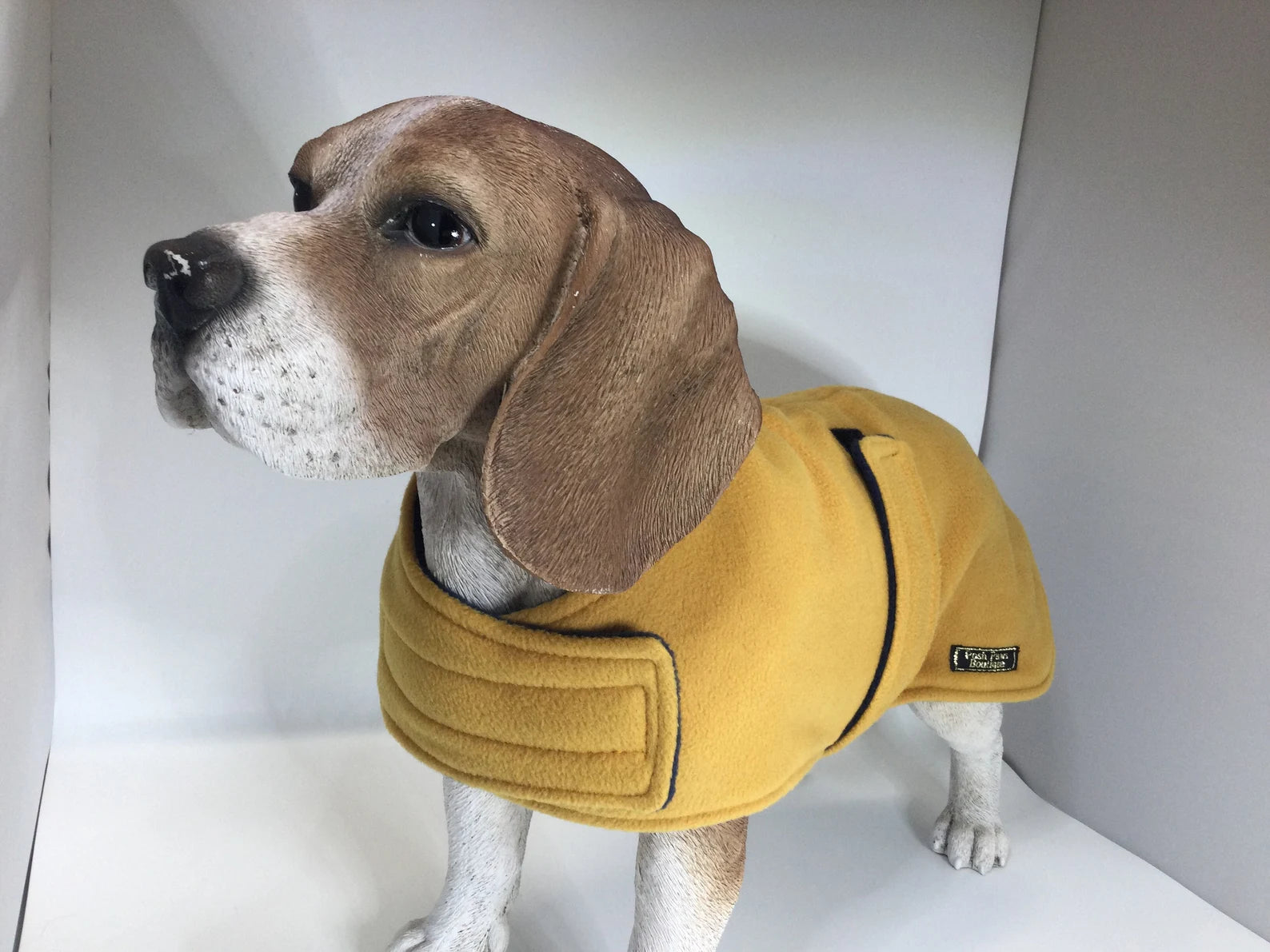 Mustard and navy made to measure fleece dog coat with harness hole