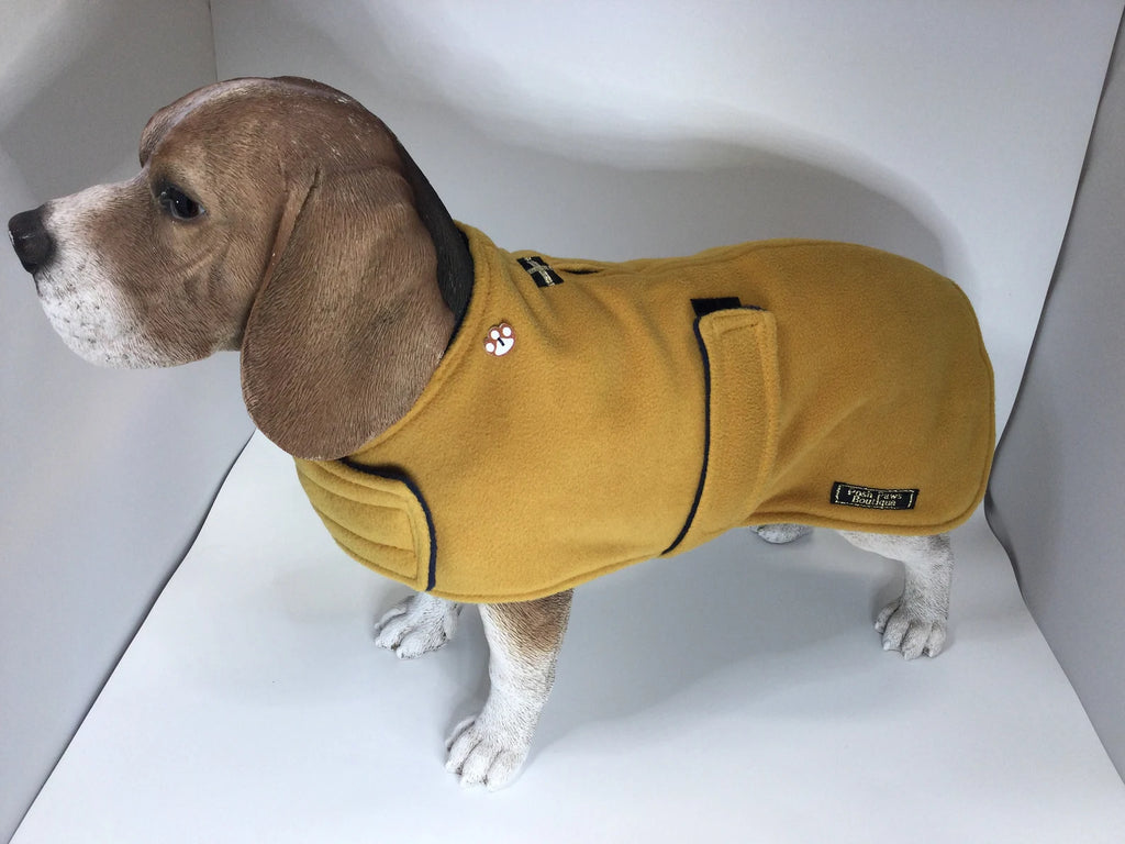 Mustard and navy made to measure fleece dog coat with harness hole
