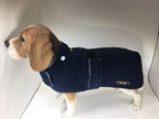 Navy & Baby Blue made to measure fleece dog coat with harness hole
