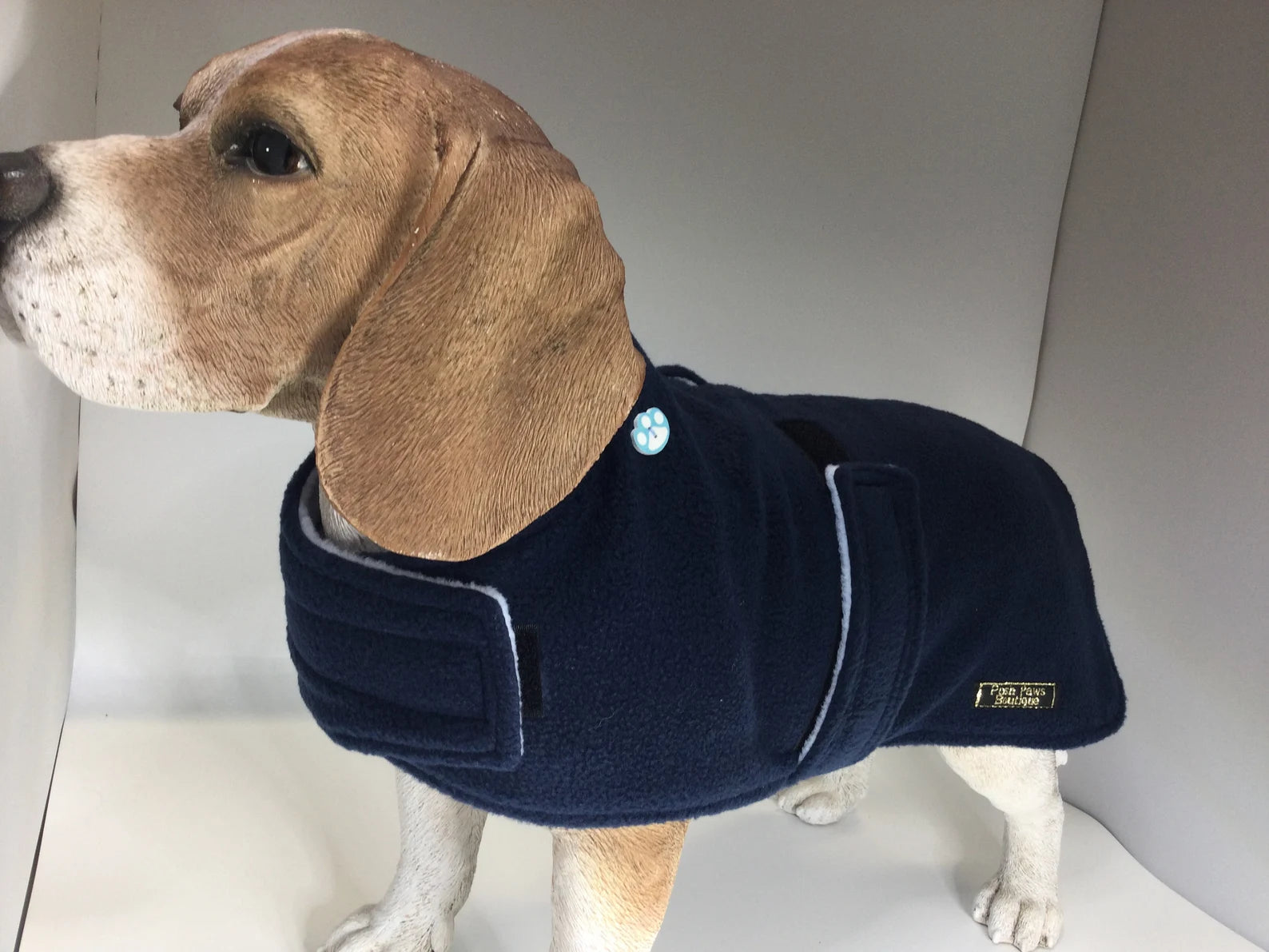 Navy & Baby Blue made to measure fleece dog coat with harness hole