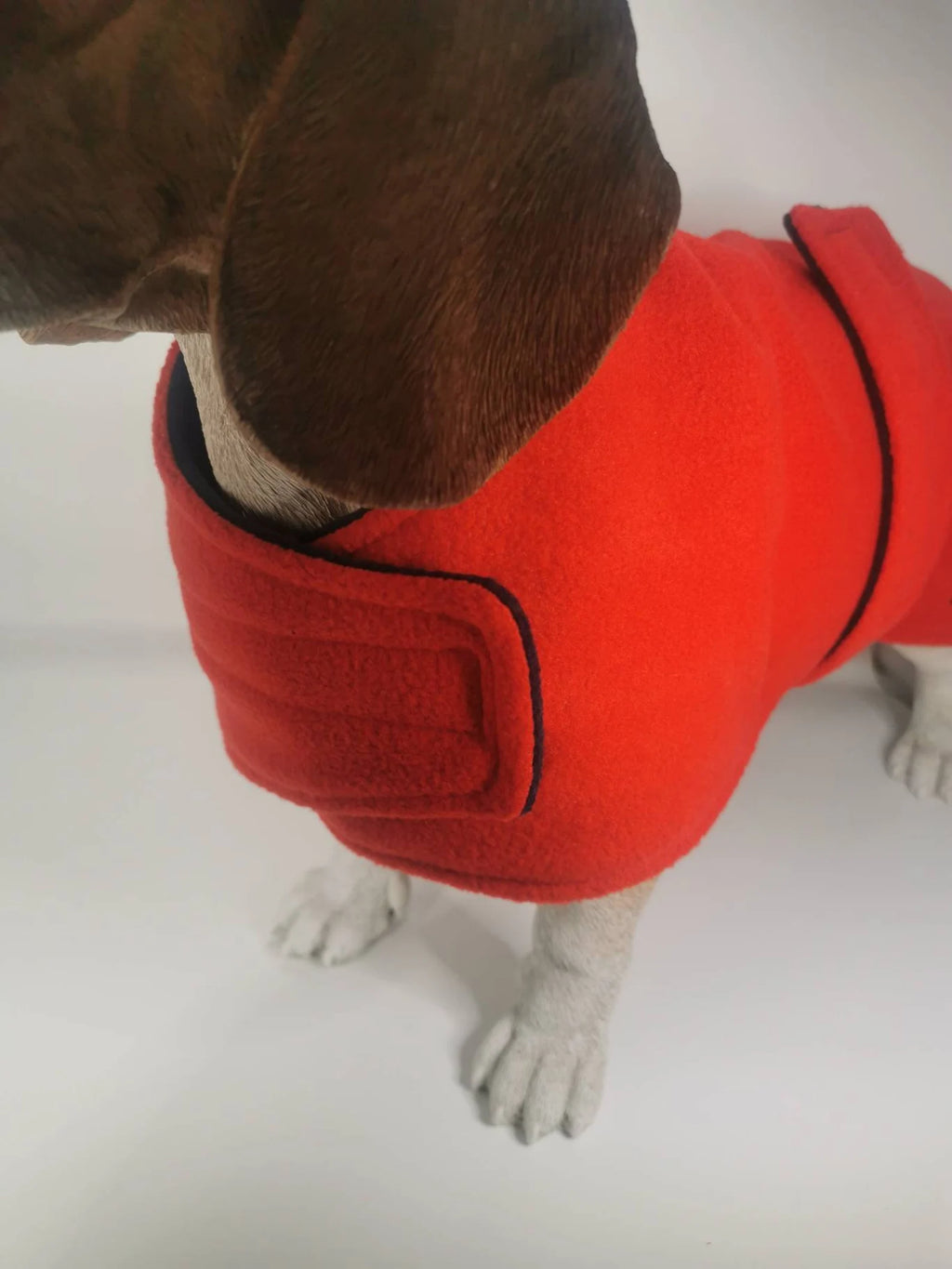 Red & Navy made to measure fleece dog coat with harness hole