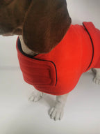 Red & Navy made to measure fleece dog coat with harness hole