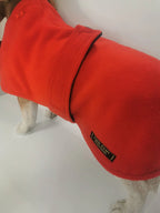 Red & Navy made to measure fleece dog coat with harness hole