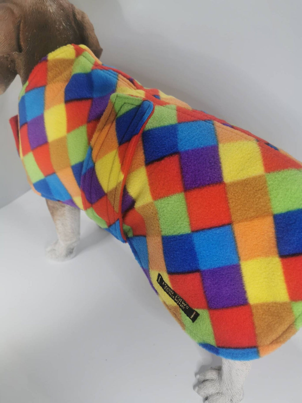 Multi colour check print  made to measure fleece dog coat with harness hole