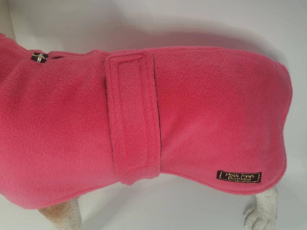 Hot Pink & Navy made to measure fleece dog coat with harness hole