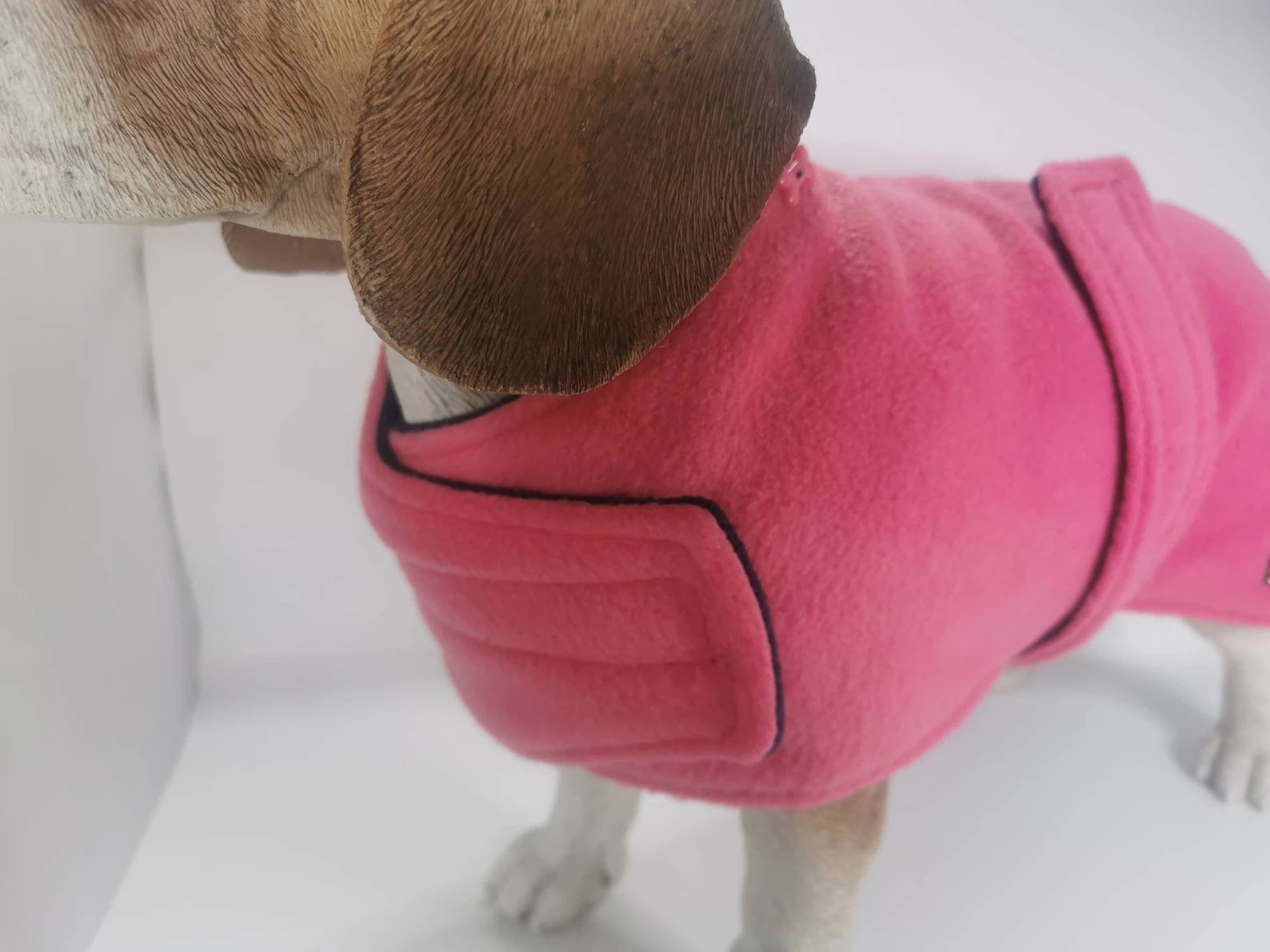 Hot Pink & Navy made to measure fleece dog coat with harness hole