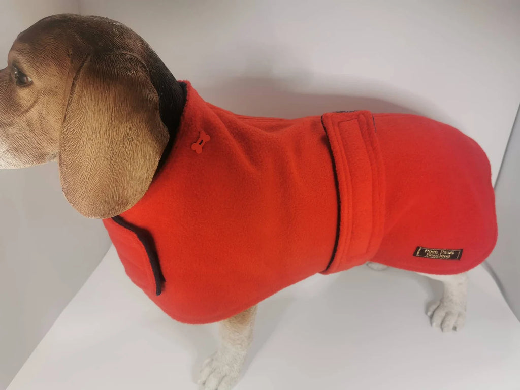 Red & Navy made to measure fleece dog coat with harness hole