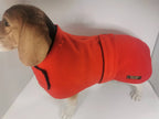 Red & Navy made to measure fleece dog coat with harness hole