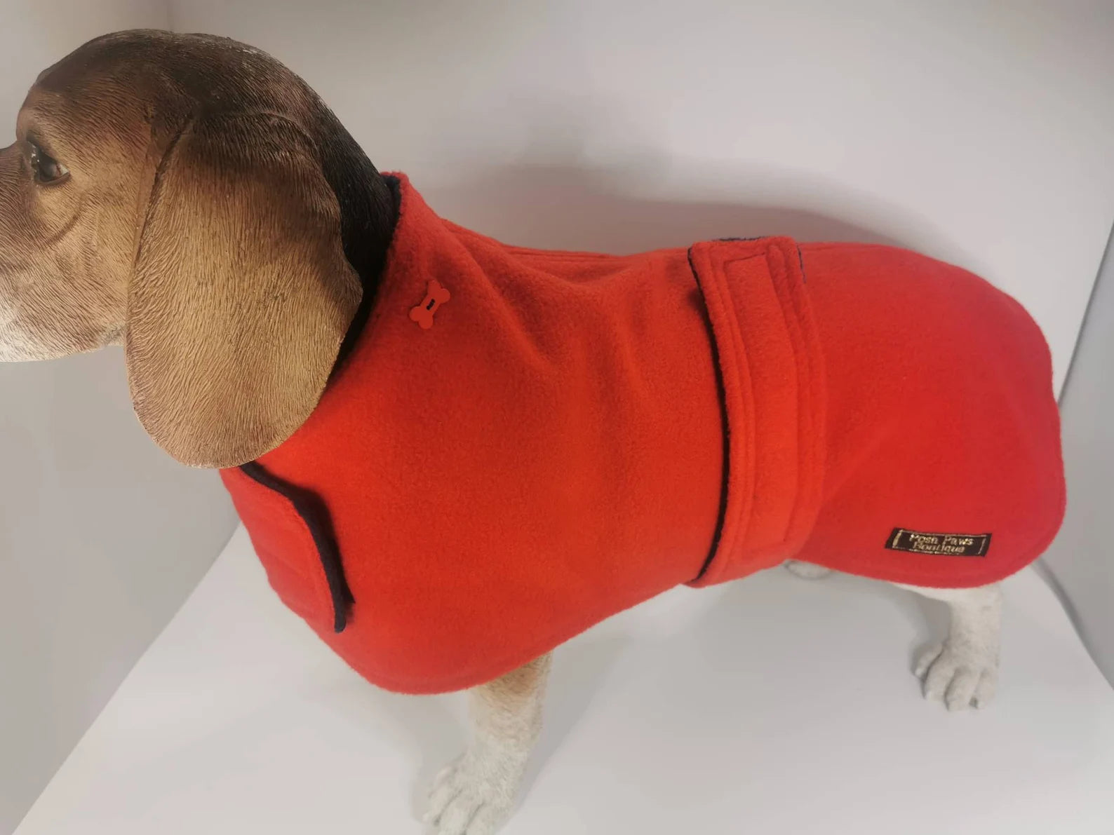 Red & Navy made to measure fleece dog coat with harness hole