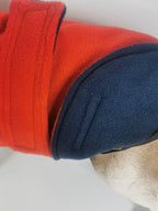 Red & Navy made to measure fleece dog coat with harness hole