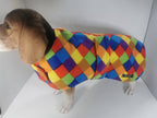 Multi colour check print  made to measure fleece dog coat with harness hole
